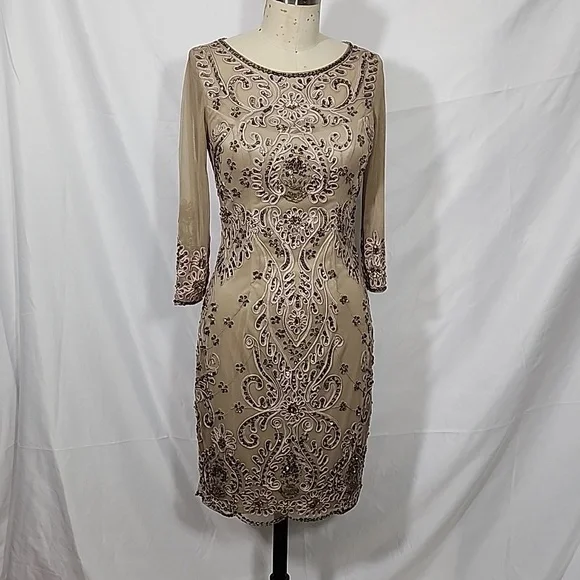 Sue Wong Dresses | Sue Wong Beaded Sequin Embroidered Semi Sheer 3/4 Sleeves Length Dress Size 0 | Color: Tan | Size: 0 | Mendozashaffer's Closet